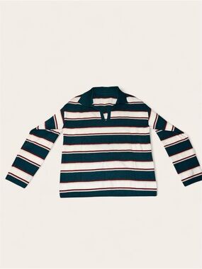 Women’s Striped Rugby-Style Long Sleeve Top - Forest Green, Maroon, & White